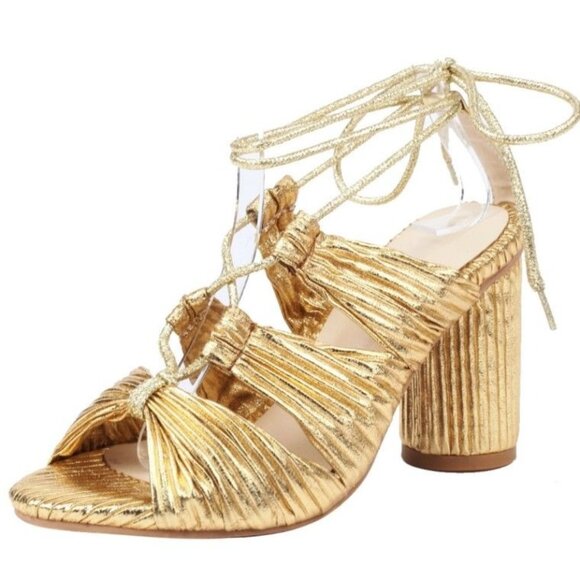 Gold by Lib Metallic Strappy Gladiator Block Heel Peep Toe Sandals Woman 41 9.5 - Picture 1 of 8